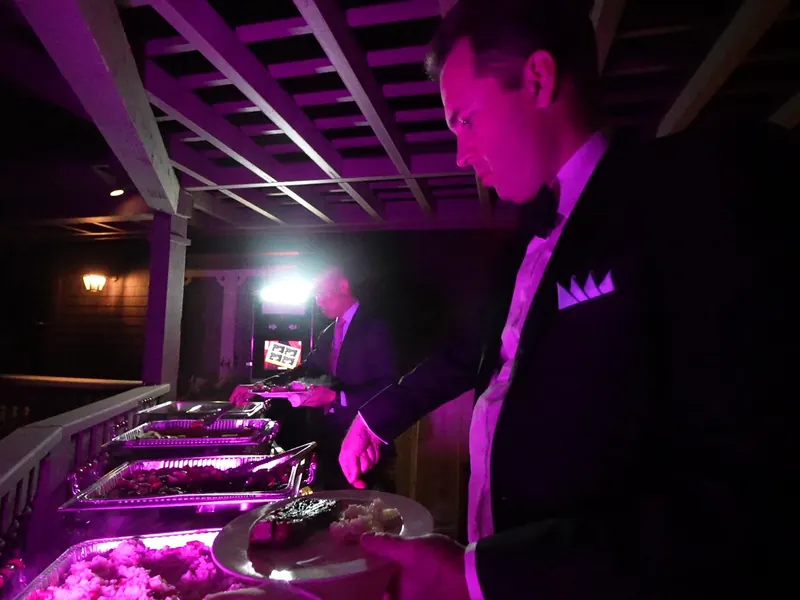 Attended buffet line set with chafing dishes for a catered event in Cupertino