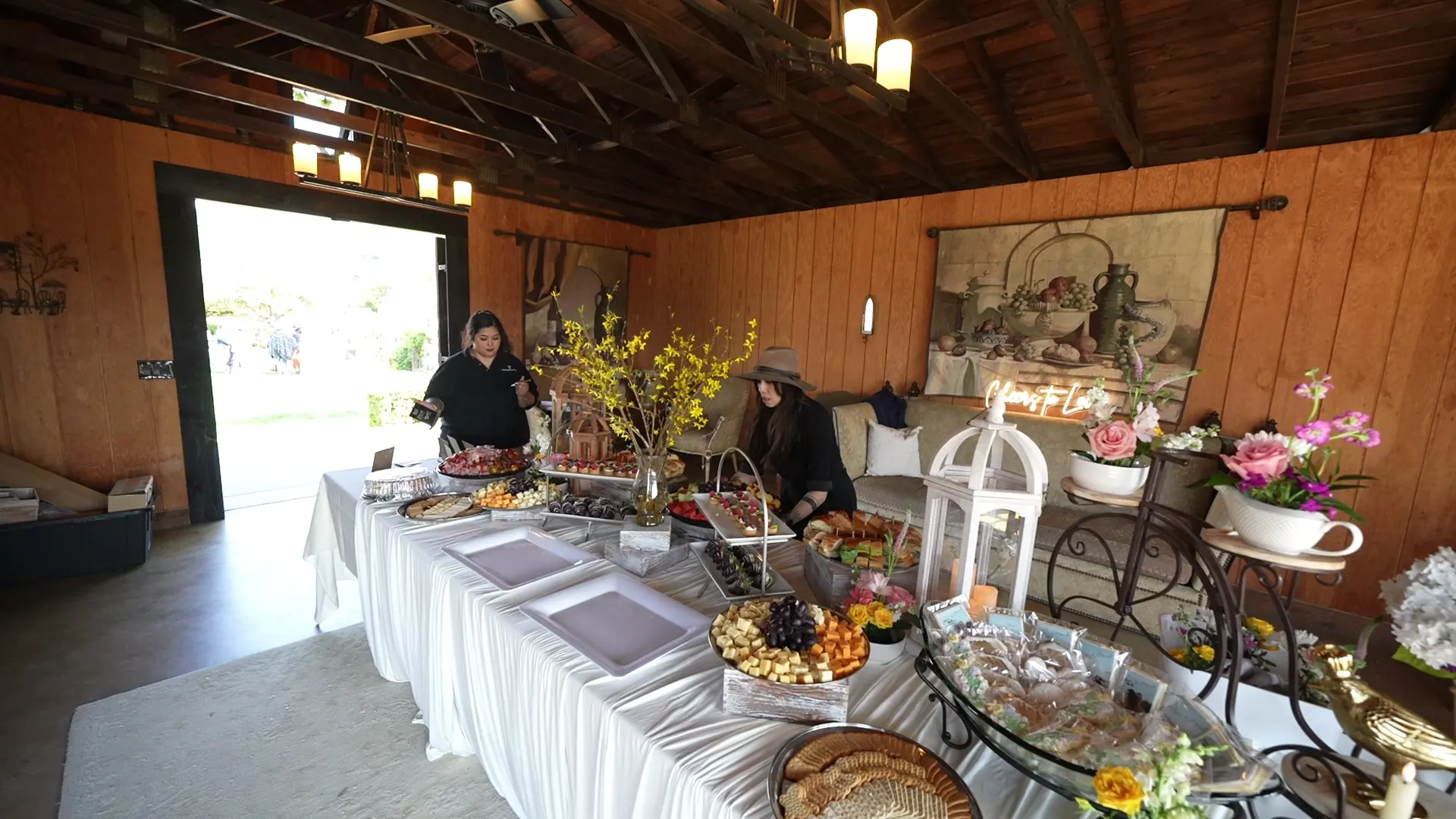 Attended buffet line set with chafing dishes for a catered event in Los Altos Hills
