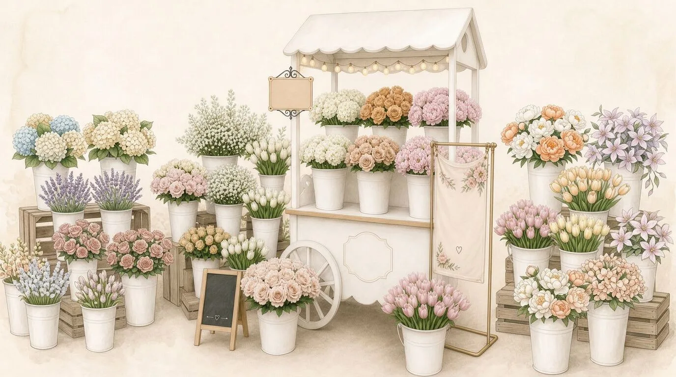 Custom Bloom Bar cart filled with seasonal roses, daisies, and eucalyptus for guests to wrap their own bouquets — floral add-on from our Winslow's Catering Mountain View team