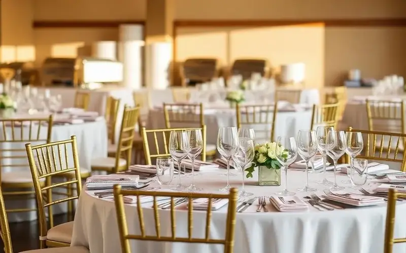 Mountain View dining setup by Winslow’s Catering with coordinated linens, gold Chiavari chairs, polished place settings, and centerpieces.