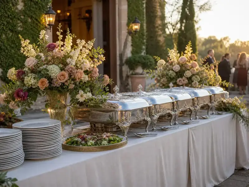 Mountain View catered celebration from Winslow’s with abundant seasonal blooms, gleaming chafing dishes, salad, and formal dinnerware.