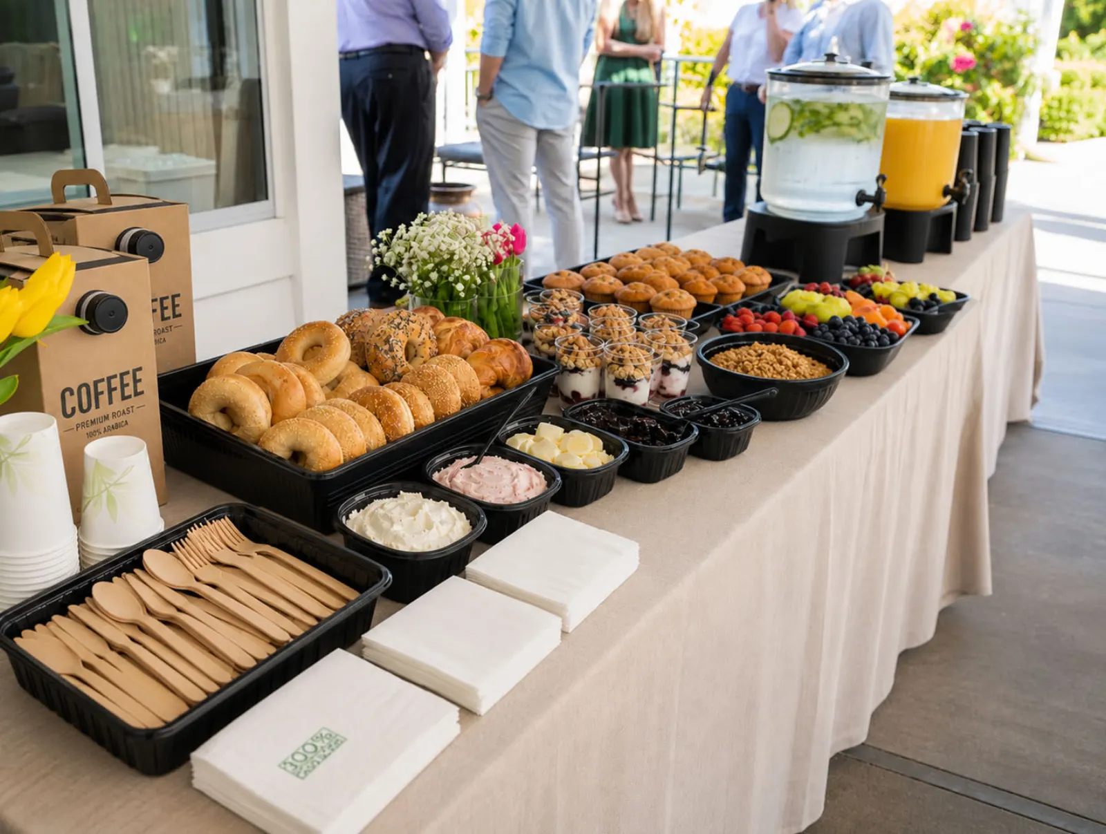 Drop-Off Continental Breakfast by Winslow's Catering Mountain View Drop-off continental breakfast display with bagels, muffins, yogurt parfaits with granola, fresh fruit and berries, coffee, iced water, and orange juice on a linen-draped outdoor buffet by Winslow's Catering Mountain View