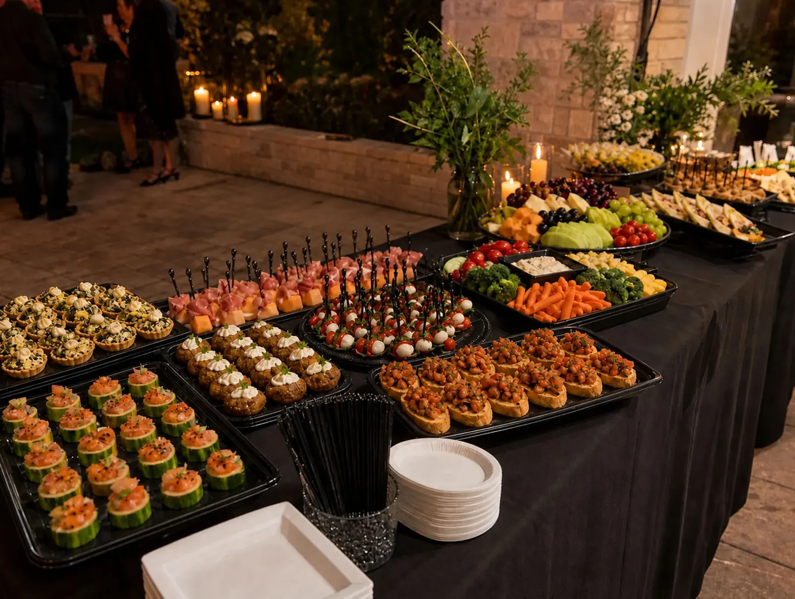 Drop-Off Appetizer Station Elegant evening drop-off appetizer station with caprese skewers, prosciutto and melon, bruschetta, stuffed mushrooms, smoked salmon cucumber cups, artichoke tartlets, crudité, fresh fruit and cheese trays, and candlelit florals by Winslow's Catering Mountain View