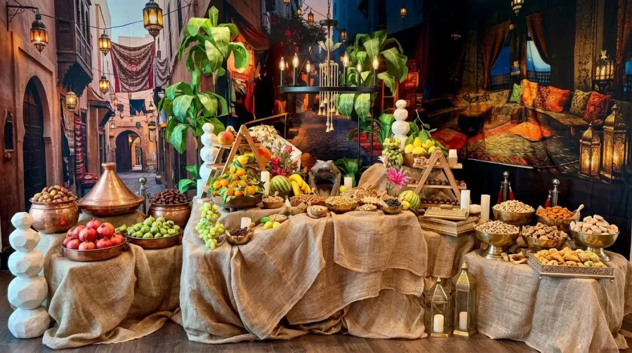 Themed grazing tablescape of dried fruit, nuts and honeyed sweets over jewel-toned linens with layered props — themed styling for Milpitas catering celebrations