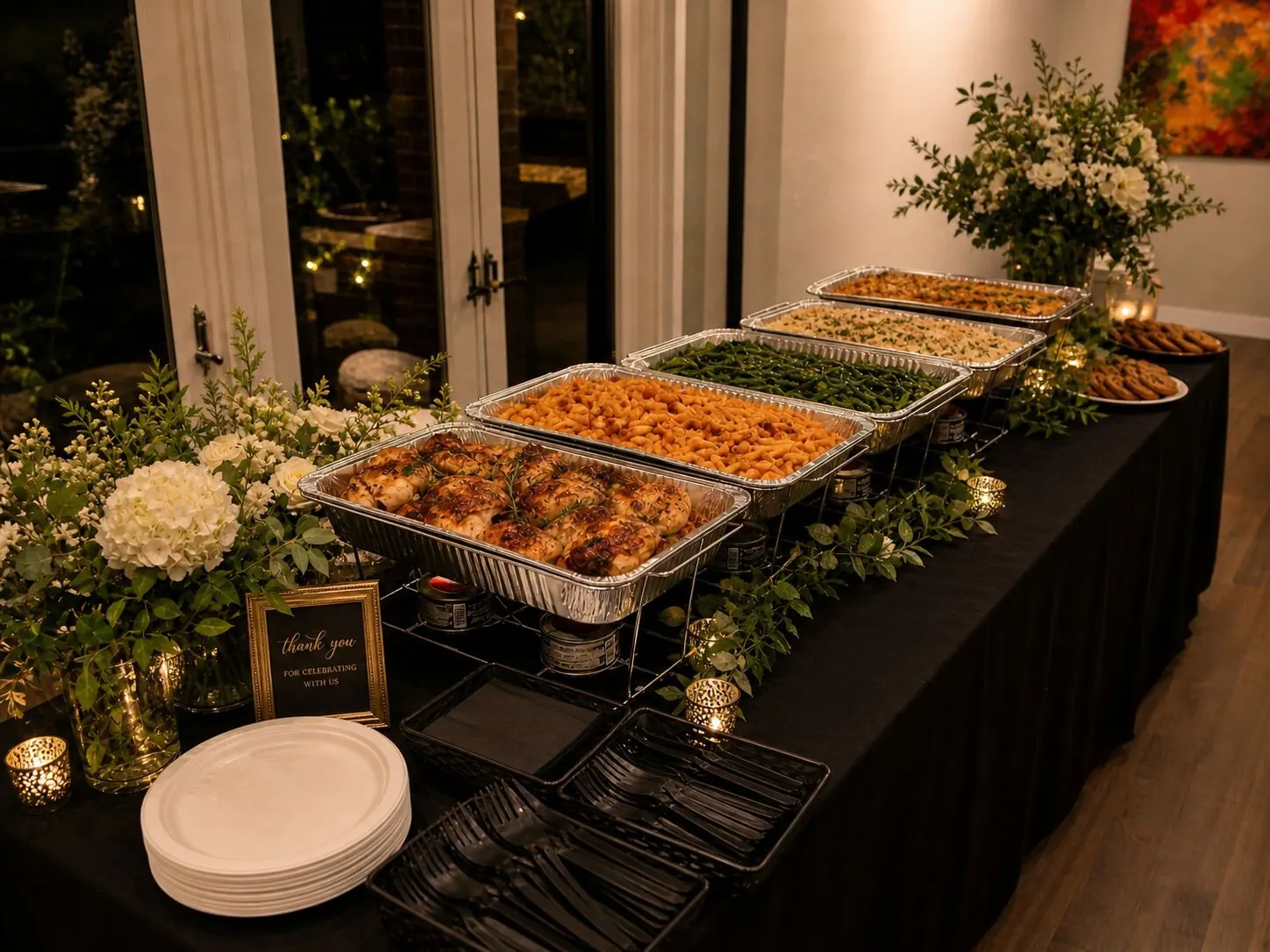 Delivered supper buffet of chicken, pasta, green beans and rice finished with candles and small bud vases — floral upgrades on Santa Clara catering deliveries