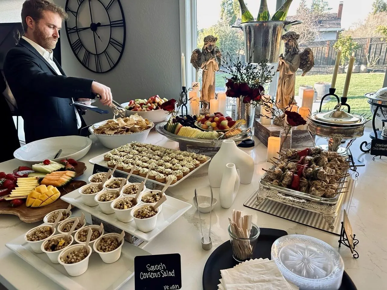 Elegant catered buffet with seasonal sides and carved entrees at a Mountain View corporate event by Winslow's Catering Mountain View