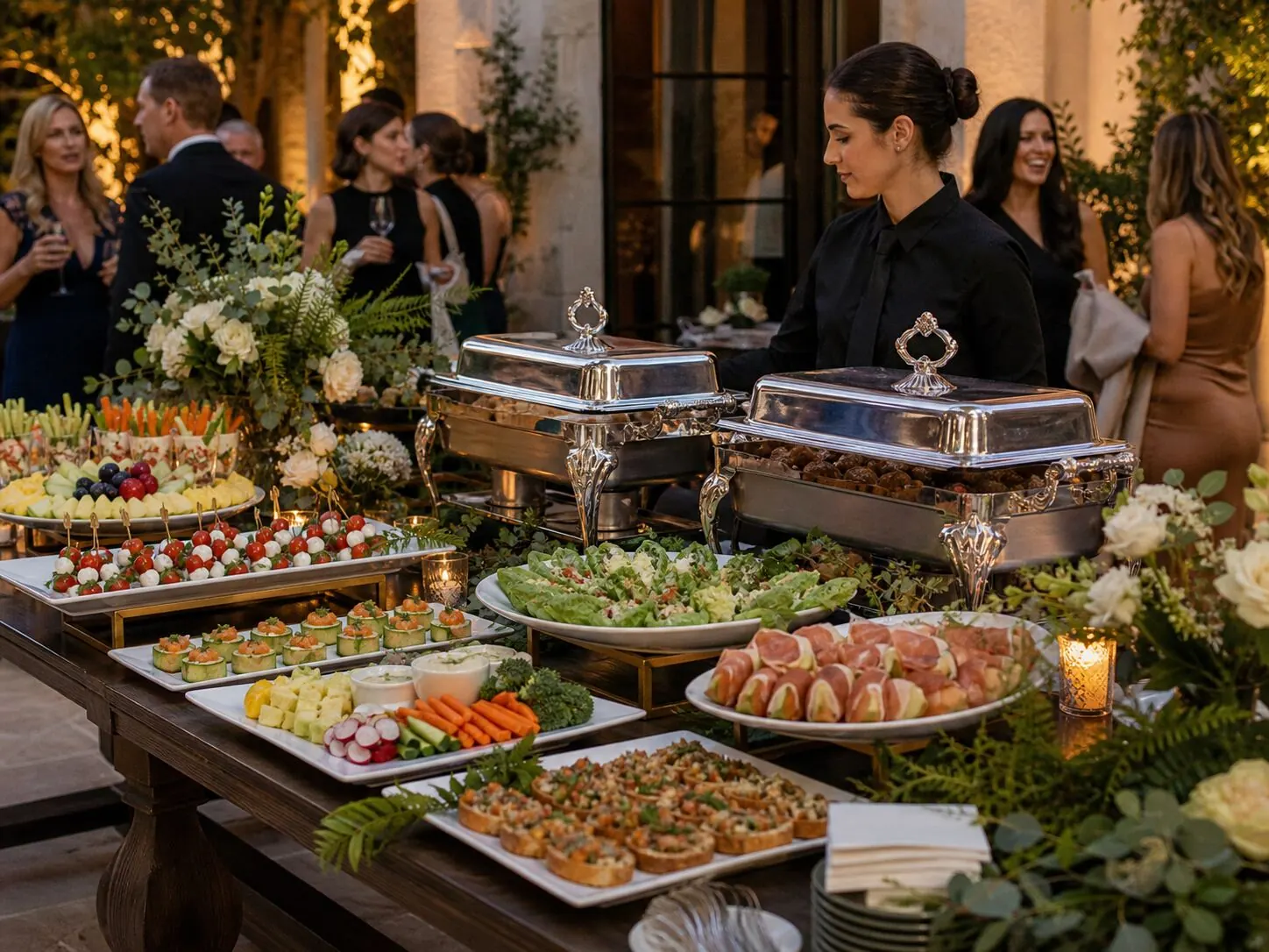 Attended appetizer station framed with fresh florals alongside warm chafers and platters at an outdoor reception — floral starter styling from our Mountain View catering team