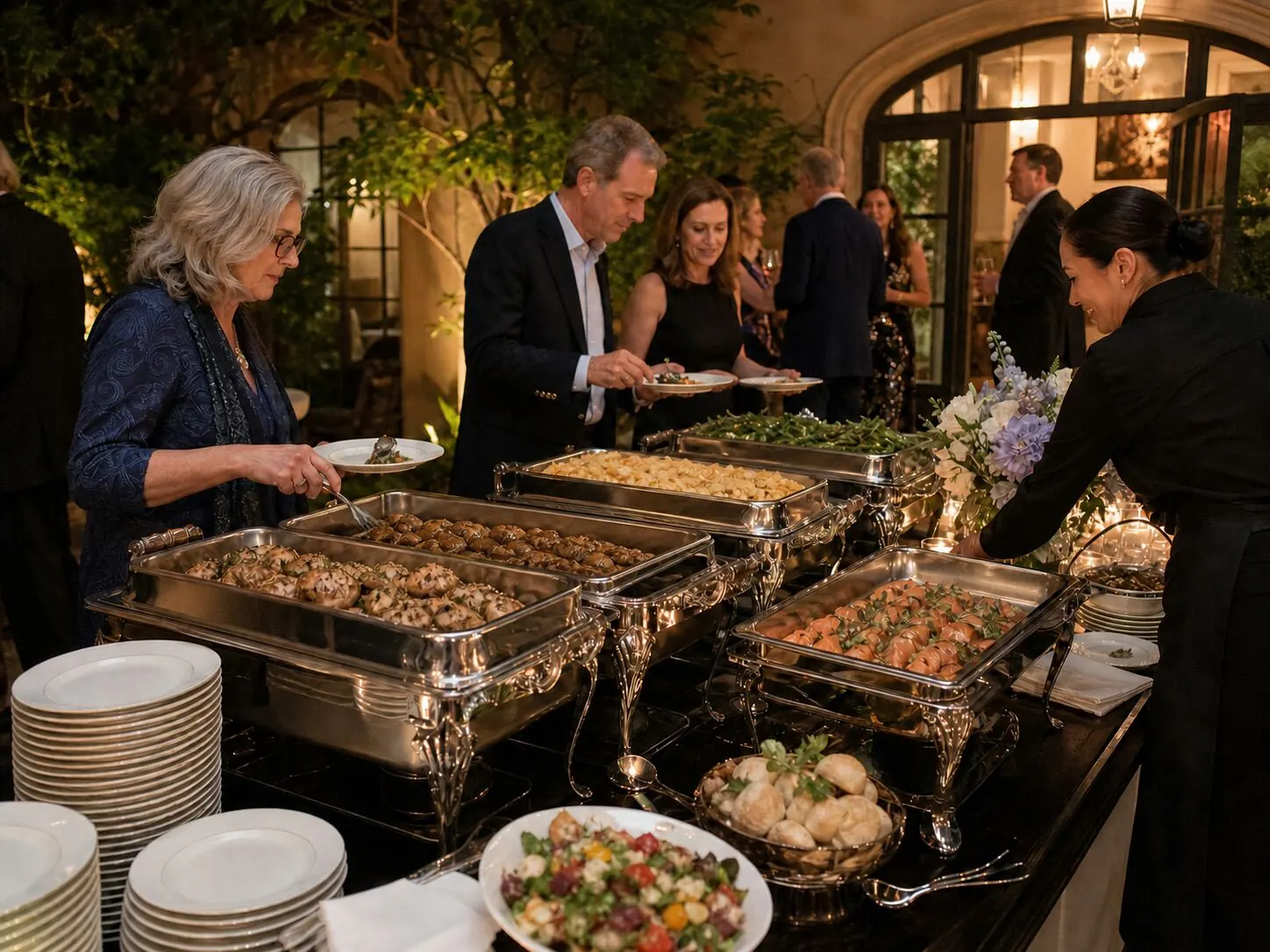 Evening courtyard dinner line with attendants working silver chafers while candlelit rounds wait behind — staffed supper service for Sunnyvale catering and Peninsula receptions