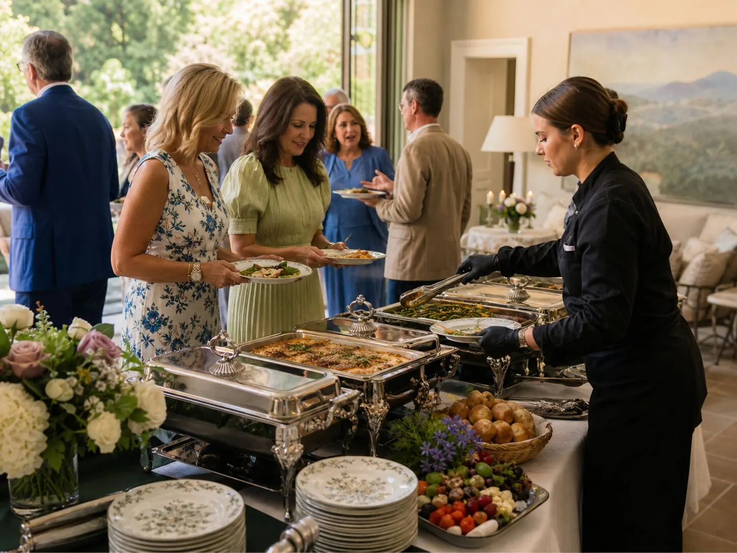 Server plating guests from gleaming chafers along a sunlit estate lunch buffet — attended midday service for Los Altos catering and Mountain View company gatherings