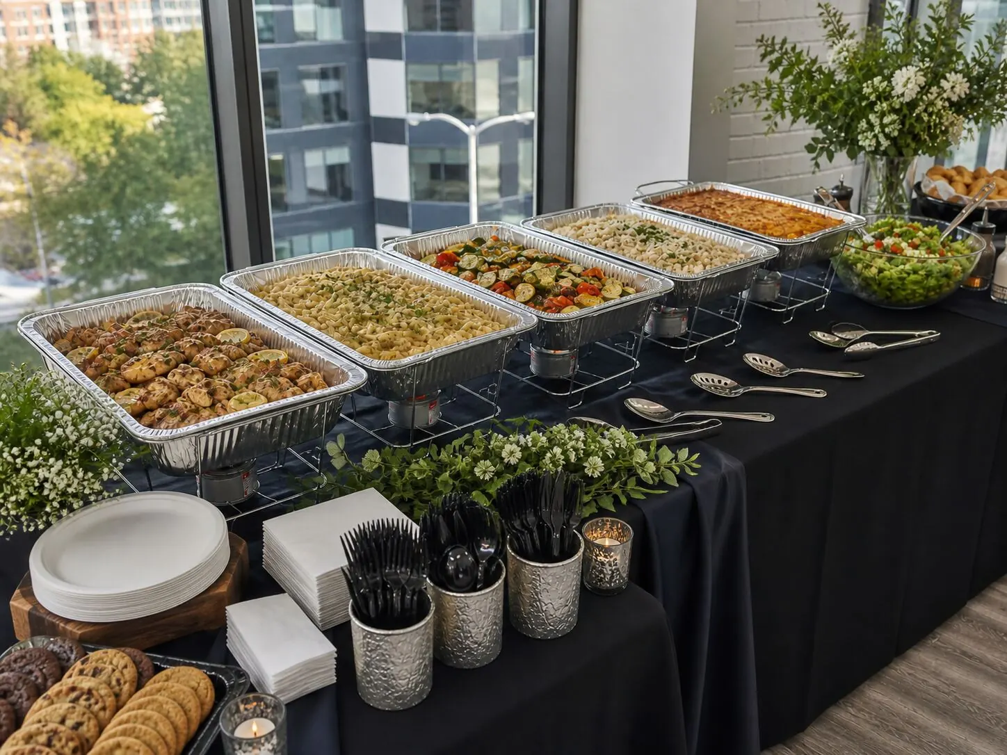 Hot midday buffet held in chafing dishes with baked pasta, roasted seasonal vegetables, herbed potatoes, green salad and cookie trays — delivered engineering-team lunches and Cupertino catering