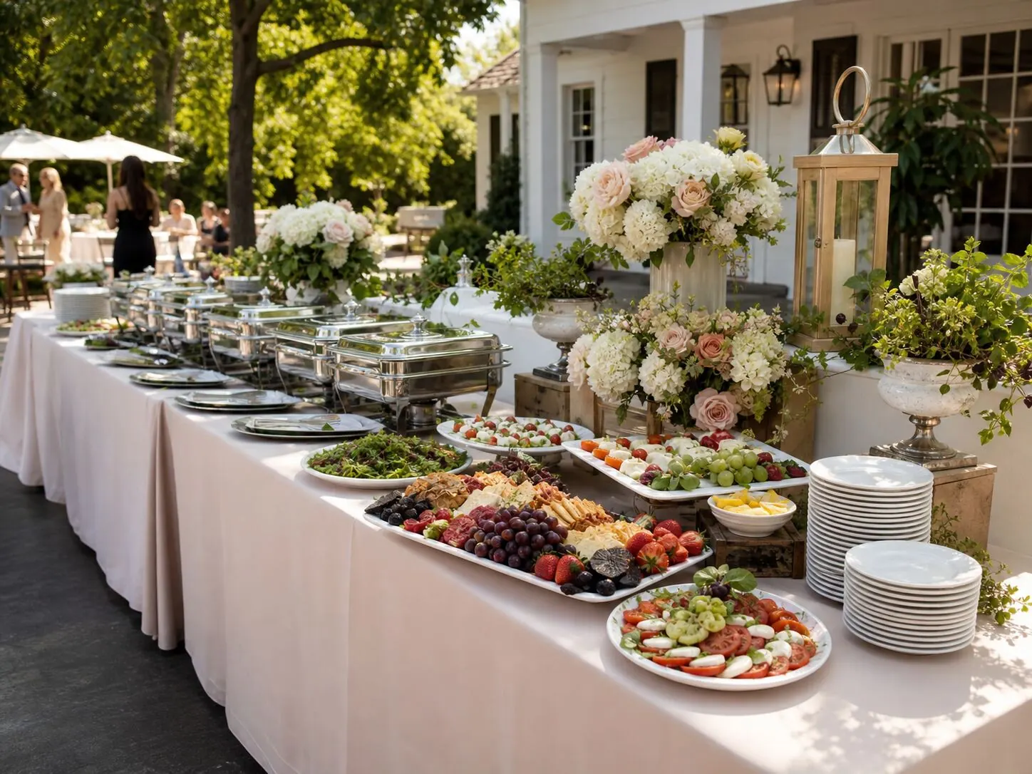 Open-air dinner buffet finished with fresh arrangements beside silver chafers, charcuterie and cut fruit — outdoor Los Gatos catering styled with florals