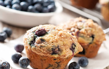 A continental breakfast with blueberry muffins